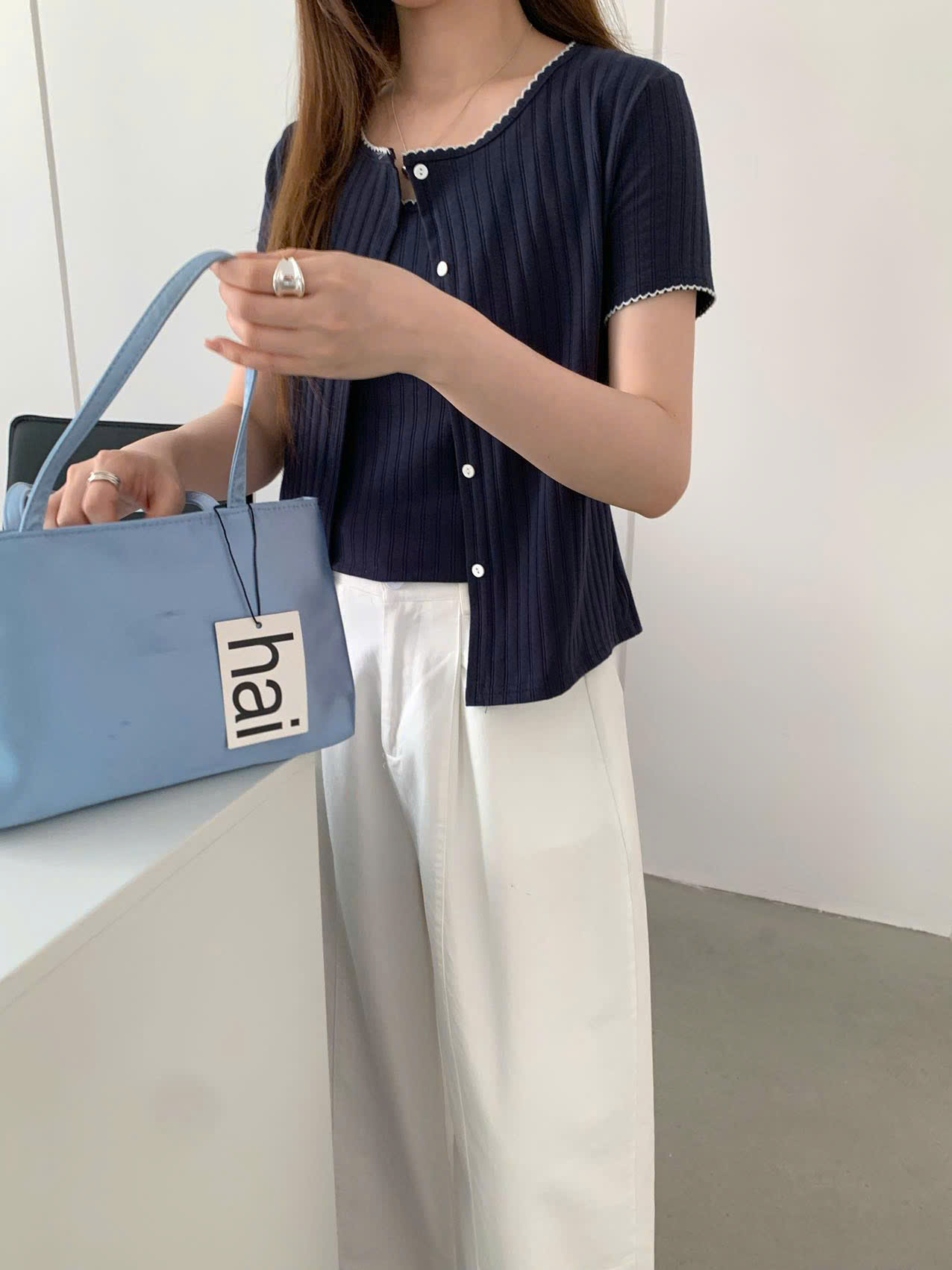 Set Áo Cardigan Dovia Cộc Tay Kèm Hai Dây Kẻ Viền - Ảnh 8