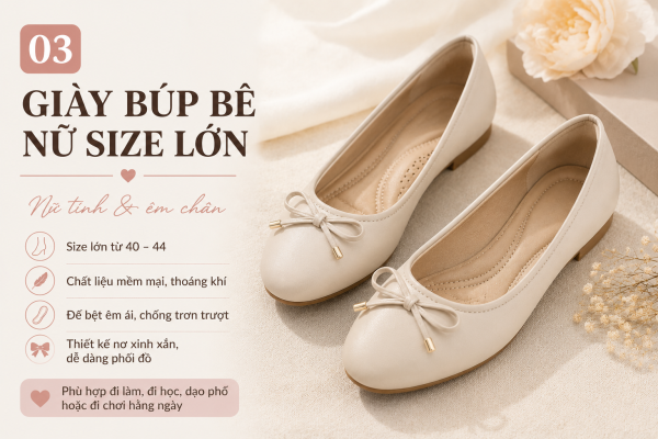 Giày búp bê nữ size lớn thiết kế nữ tính, đế bệt êm chân, chất liệu mềm mại, phù hợp cho nàng chân lớn đi làm, đi học, dạo phố và sử dụng hằng ngày.