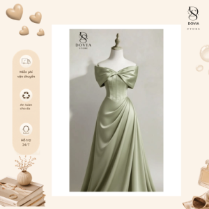 Váy đầm đẹp sang trọng màu xanh satin trễ vai
