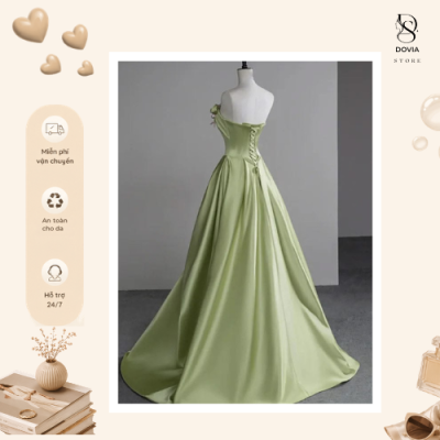 Váy đầm đẹp sang trọng màu xanh satin trễ vai