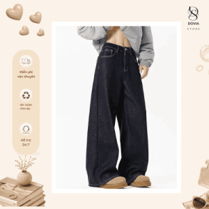 Quần jean xanh than nữ ống rộng cạp cao Dovia Store