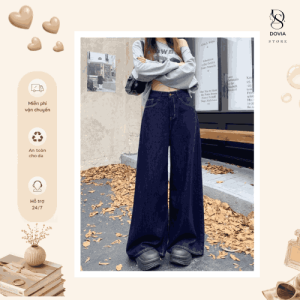Quần Jean Nữ Xanh Than Đậm Ống Rộng Tôn Dáng