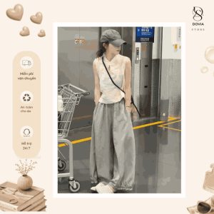 Quần kaki bom bèo gấu form siêu rộng màu xám trẻ trung